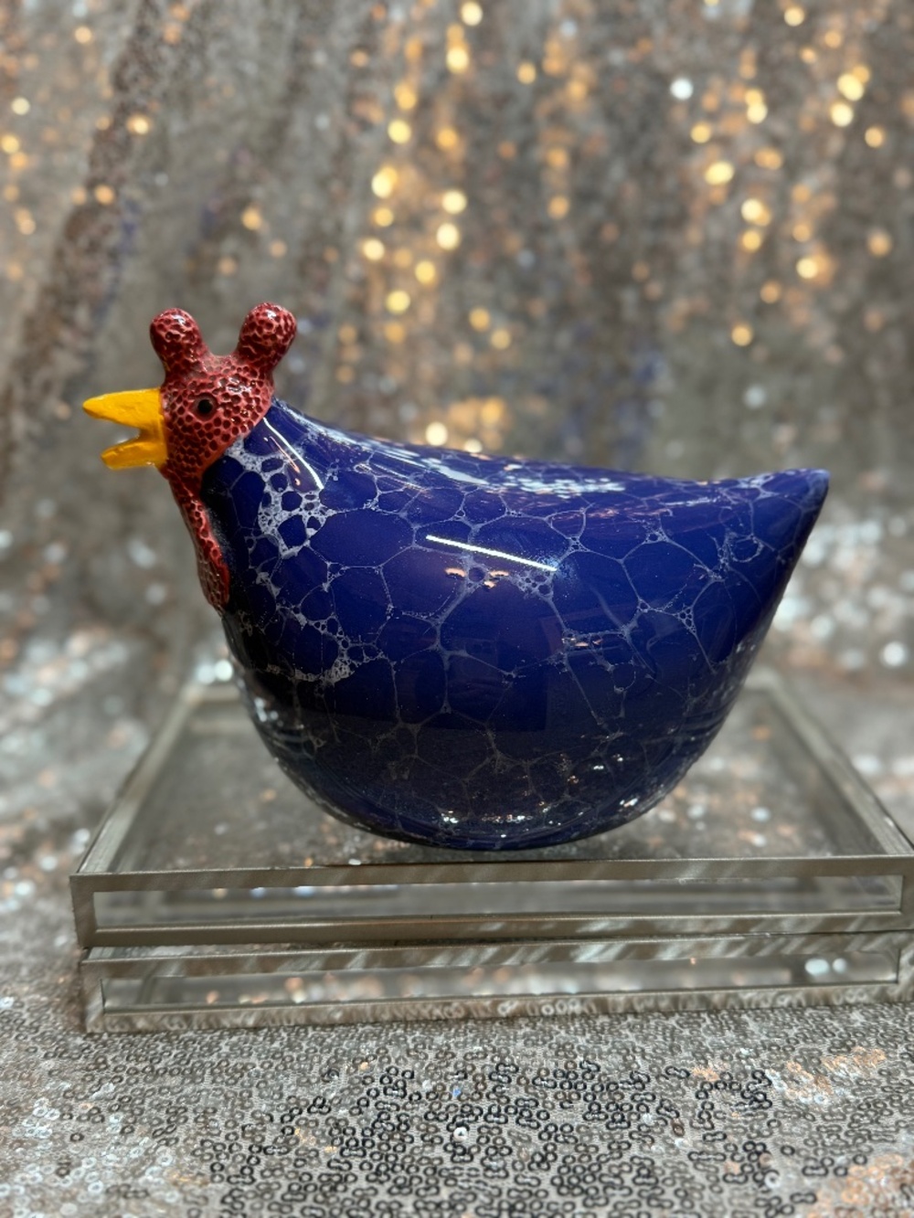Blue ceramic chicken